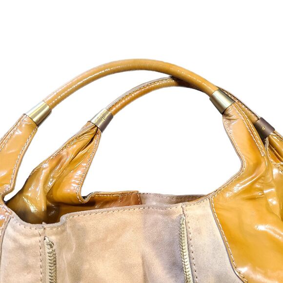 Jimmy Choo "Mandah" Camel Patent Leather & Suede Expandable Hobo Bag w/ COA - Picture 9 of 14